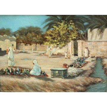 ANTICO QUADRO Ermes Carnaghi  OLIO TAVOLA 1935 Oasi BISKRA PICCOLO MERCATO LIBIA