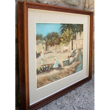 ANTICO QUADRO Ermes Carnaghi  OLIO TAVOLA 1935 Oasi BISKRA PICCOLO MERCATO LIBIA
