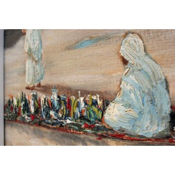 ANTICO QUADRO Ermes Carnaghi  OLIO TAVOLA 1935 Oasi BISKRA PICCOLO MERCATO LIBIA