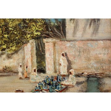 ANTICO QUADRO Ermes Carnaghi  OLIO TAVOLA 1935 Oasi BISKRA PICCOLO MERCATO LIBIA