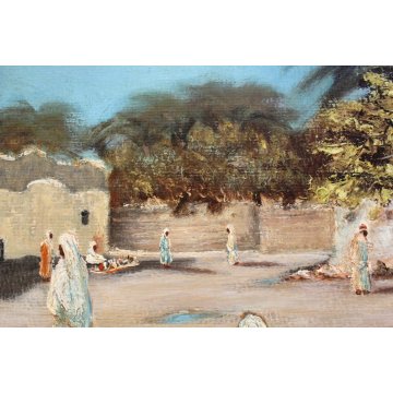 ANTICO QUADRO Ermes Carnaghi  OLIO TAVOLA 1935 Oasi BISKRA PICCOLO MERCATO LIBIA