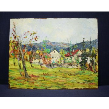 QUADRO OLIO MASONITE Mellerio Giovanni PAESAGGIO AUTUNNO VALLE VIGEZZO 1961     