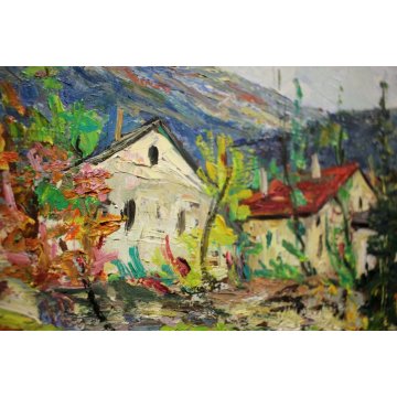 QUADRO OLIO MASONITE Mellerio Giovanni PAESAGGIO AUTUNNO VALLE VIGEZZO 1961     