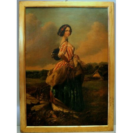 ANTICO QUADRO DIPINTO OLIO TELA RITRATTO GIOVANE DONNA CON FIORI PAESAGGIO '800