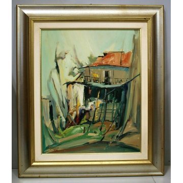 ANTICO DIPINTO OLIO Pasquero Dino "Primavera" PAESAGGIO CASA di RINGHIERA 1990