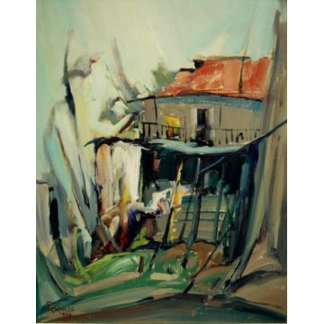 ANTICO DIPINTO OLIO Pasquero Dino "Primavera" PAESAGGIO CASA di RINGHIERA 1990