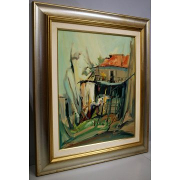 ANTICO DIPINTO OLIO Pasquero Dino "Primavera" PAESAGGIO CASA di RINGHIERA 1990
