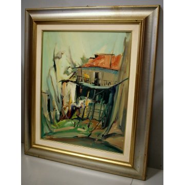 ANTICO DIPINTO OLIO Pasquero Dino "Primavera" PAESAGGIO CASA di RINGHIERA 1990
