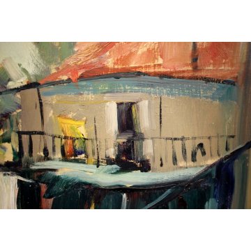 ANTICO DIPINTO OLIO Pasquero Dino "Primavera" PAESAGGIO CASA di RINGHIERA 1990