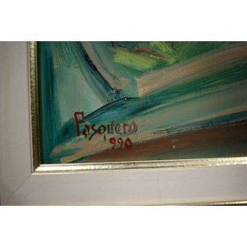 ANTICO DIPINTO OLIO Pasquero Dino "Primavera" PAESAGGIO CASA di RINGHIERA 1990