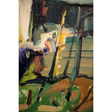 ANTICO DIPINTO OLIO Pasquero Dino "Primavera" PAESAGGIO CASA di RINGHIERA 1990