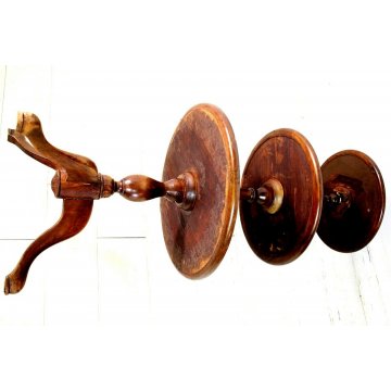 ANTICO TAVOLINO LEGNO TONDO SERVOMUTO ALZATA 3 MENSOLA TORNITO 105CMH ø50/43/35