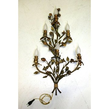 ANTICA APPLIQUE FERRO BATTUTO RAMAGE FIORITO COLORI TENUI ORO 6BRACCI 6LUMI '900
