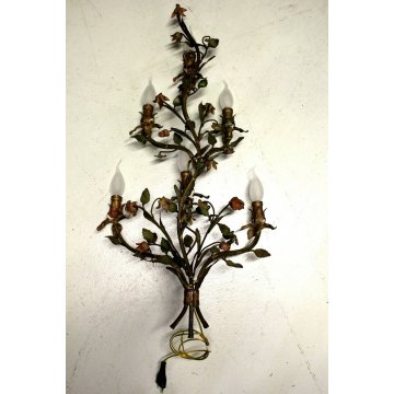 ANTICA APPLIQUE FERRO BATTUTO RAMAGE FIORITO COLORI TENUI ORO 6BRACCI 6LUMI '900