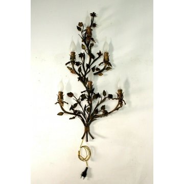 ANTICA APPLIQUE FERRO BATTUTO RAMAGE FIORITO COLORI TENUI ORO 6BRACCI 6LUMI '900