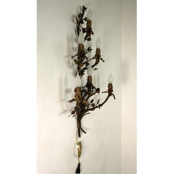 ANTICA APPLIQUE FERRO BATTUTO RAMAGE FIORITO COLORI TENUI ORO 6BRACCI 6LUMI '900