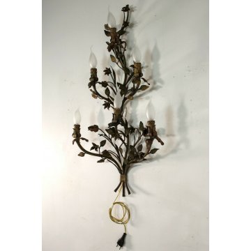 ANTICA APPLIQUE FERRO BATTUTO RAMAGE FIORITO COLORI TENUI ORO 6BRACCI 6LUMI '900