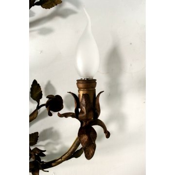 ANTICA APPLIQUE FERRO BATTUTO RAMAGE FIORITO COLORI TENUI ORO 6BRACCI 6LUMI '900