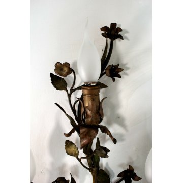 ANTICA APPLIQUE FERRO BATTUTO RAMAGE FIORITO COLORI TENUI ORO 6BRACCI 6LUMI '900
