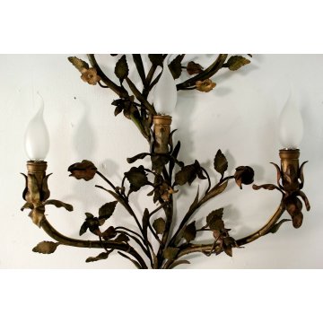 ANTICA APPLIQUE FERRO BATTUTO RAMAGE FIORITO COLORI TENUI ORO 6BRACCI 6LUMI '900