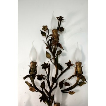 ANTICA APPLIQUE FERRO BATTUTO RAMAGE FIORITO COLORI TENUI ORO 6BRACCI 6LUMI '900