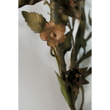 ANTICA APPLIQUE FERRO BATTUTO RAMAGE FIORITO COLORI TENUI ORO 6BRACCI 6LUMI '900