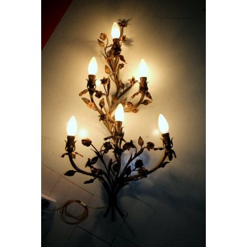 ANTICA APPLIQUE FERRO BATTUTO RAMAGE FIORITO COLORI TENUI ORO 6BRACCI 6LUMI '900
