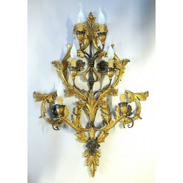 ANTICA  APPLIQUE LIBERTY LAMPADA PARETE 6bracci 6lumi LEGNO DORATO FOGLIE ACANTO