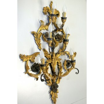 ANTICA  APPLIQUE LIBERTY LAMPADA PARETE 6bracci 6lumi LEGNO DORATO FOGLIE ACANTO