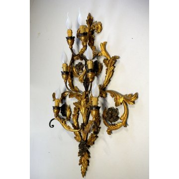 ANTICA  APPLIQUE LIBERTY LAMPADA PARETE 6bracci 6lumi LEGNO DORATO FOGLIE ACANTO