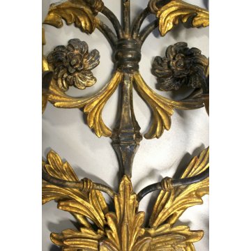 ANTICA  APPLIQUE LIBERTY LAMPADA PARETE 6bracci 6lumi LEGNO DORATO FOGLIE ACANTO