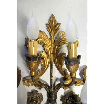ANTICA  APPLIQUE LIBERTY LAMPADA PARETE 6bracci 6lumi LEGNO DORATO FOGLIE ACANTO