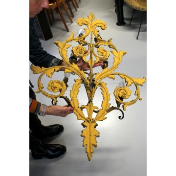 ANTICA  APPLIQUE LIBERTY LAMPADA PARETE 6bracci 6lumi LEGNO DORATO FOGLIE ACANTO