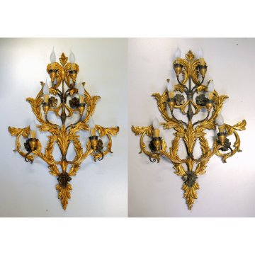 ANTICA  APPLIQUE LIBERTY LAMPADA PARETE 6bracci 6lumi LEGNO DORATO FOGLIE ACANTO