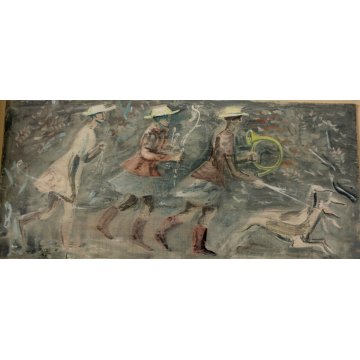 ANTICO DIPINTO E.Poletti  SCENA DI CACCIA TECNICA MISTA FIGURE FEMMINILI CANI 43
