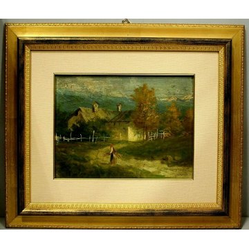 ANTICO DIPINTO OLIO Pietro Besostri PAESAGGIO MONTANO AUTUNNO BAITE CONTADINA 
