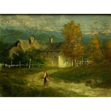 ANTICO DIPINTO OLIO Pietro Besostri PAESAGGIO MONTANO AUTUNNO BAITE CONTADINA 