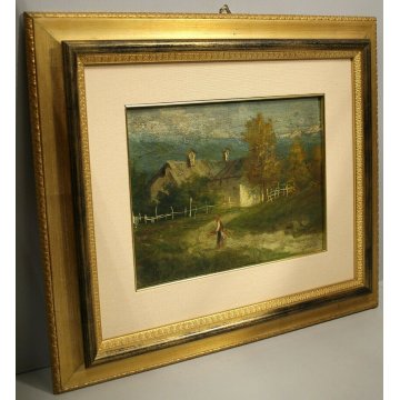 ANTICO DIPINTO OLIO Pietro Besostri PAESAGGIO MONTANO AUTUNNO BAITE CONTADINA 