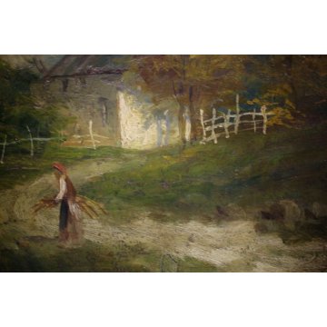 ANTICO DIPINTO OLIO Pietro Besostri PAESAGGIO MONTANO AUTUNNO BAITE CONTADINA 