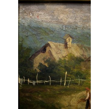 ANTICO DIPINTO OLIO Pietro Besostri PAESAGGIO MONTANO AUTUNNO BAITE CONTADINA 