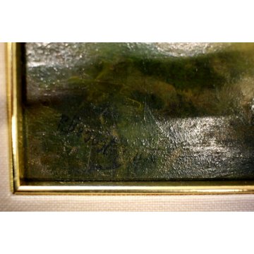 ANTICO DIPINTO OLIO Pietro Besostri PAESAGGIO MONTANO AUTUNNO BAITE CONTADINA 