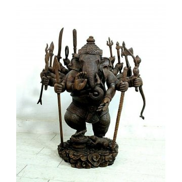GRANDE ANTICA STAUTA Lord Ganesha ELEFANTE LEGNO SCULTURA INDU' INDONESIANA RARA