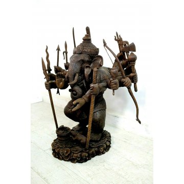 GRANDE ANTICA STAUTA Lord Ganesha ELEFANTE LEGNO SCULTURA INDU' INDONESIANA RARA