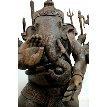 GRANDE ANTICA STAUTA Lord Ganesha ELEFANTE LEGNO SCULTURA INDU' INDONESIANA RARA