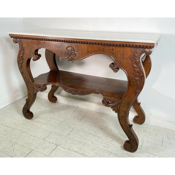 ANTICA CONSOLLE IMPERO CARLO X LEGNO NOCE META' 1800 MARMO BIANCO CONSOLE EPOCA 