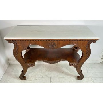 ANTICA CONSOLLE IMPERO CARLO X LEGNO NOCE META' 1800 MARMO BIANCO CONSOLE EPOCA 