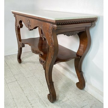 ANTICA CONSOLLE IMPERO CARLO X LEGNO NOCE META' 1800 MARMO BIANCO CONSOLE EPOCA 