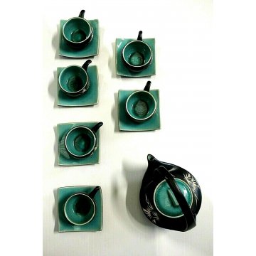 SERVIZIO TE' 6pers Giapponese CERAMICA GRES NERO SMALTO VERDE CRACLE' DESIGN 