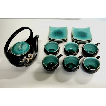 SERVIZIO TE' 6pers Giapponese CERAMICA GRES NERO SMALTO VERDE CRACLE' DESIGN 