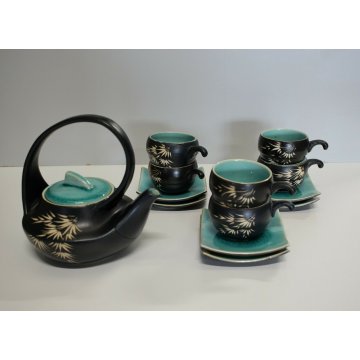 SERVIZIO TE' 6pers Giapponese CERAMICA GRES NERO SMALTO VERDE CRACLE' DESIGN 